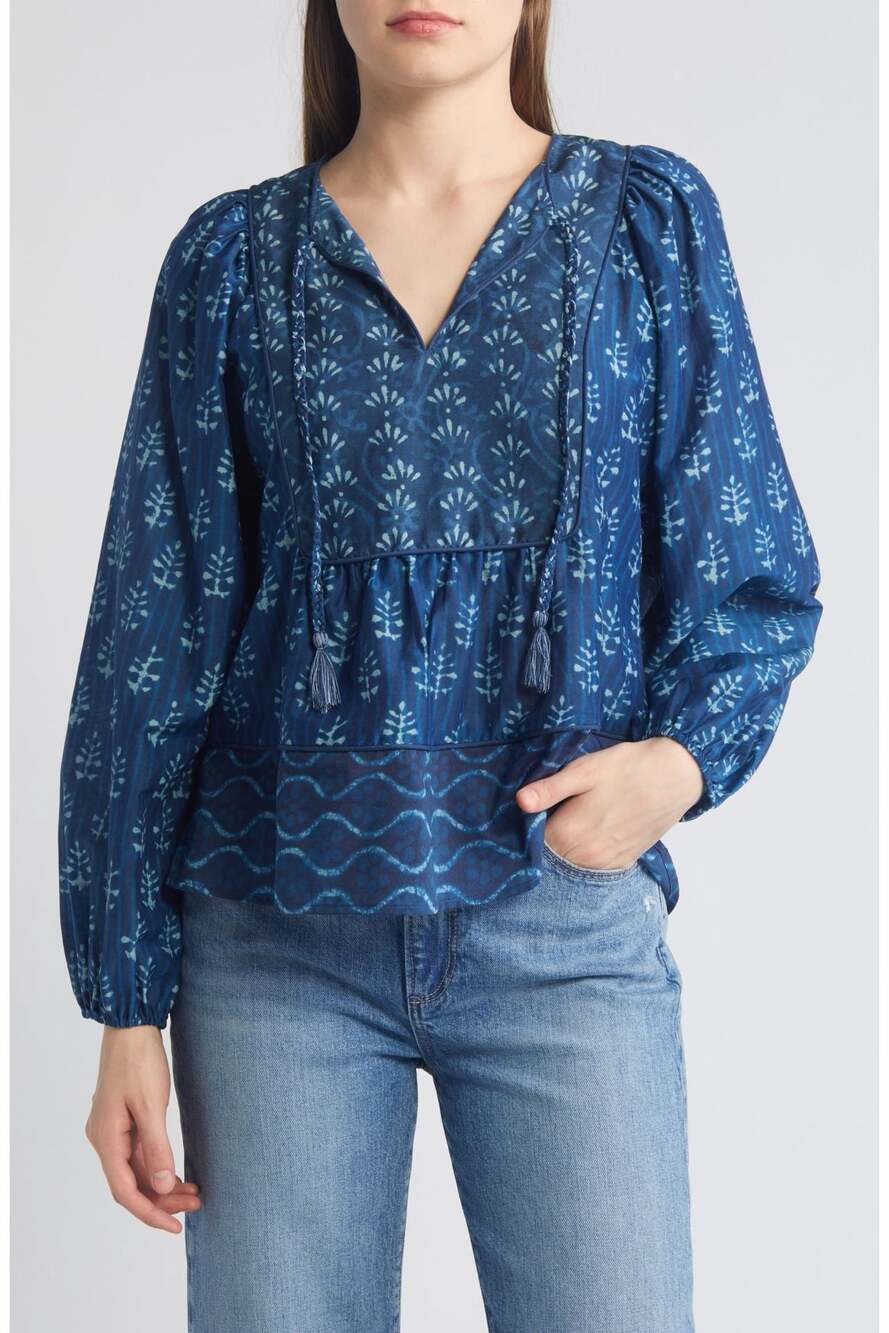 Faherty Solstice Cotton Silk Tie Neck Blouse XS Sunburst Mix NWOT